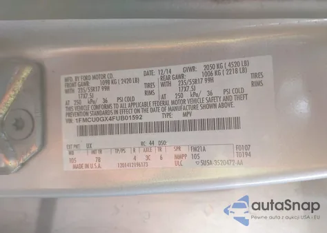 2015 Ford Escape Se z USA, uszkodzony, nr VIN 1FMCU0GX4FUB01592